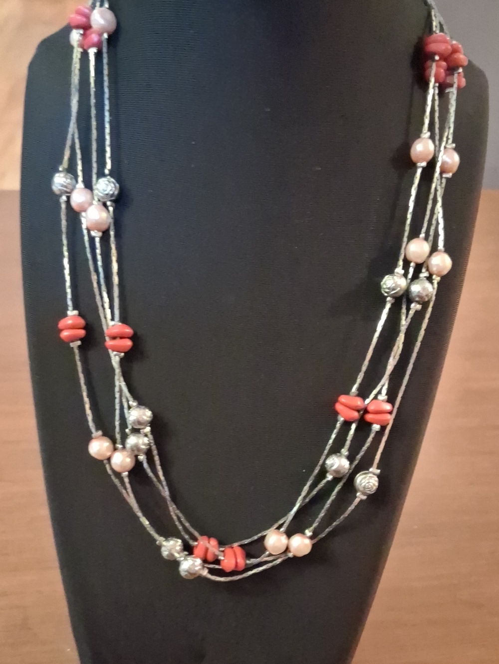 Multi-Strand Pink and Coral Bead Necklace - Women Jewelry 16"